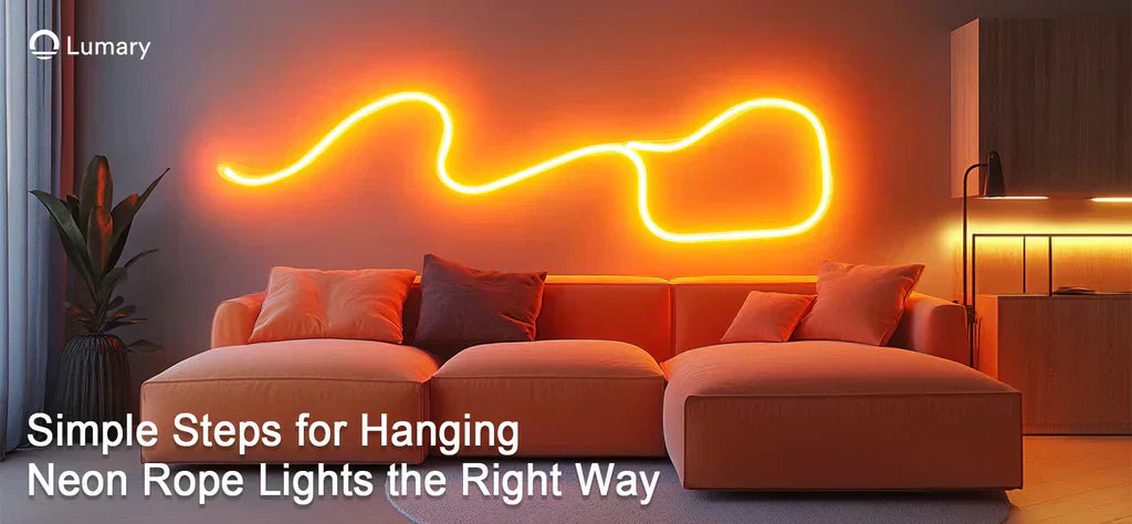 Modern sectional sofa with orange neon rope light art creating a warm glow against grey wall