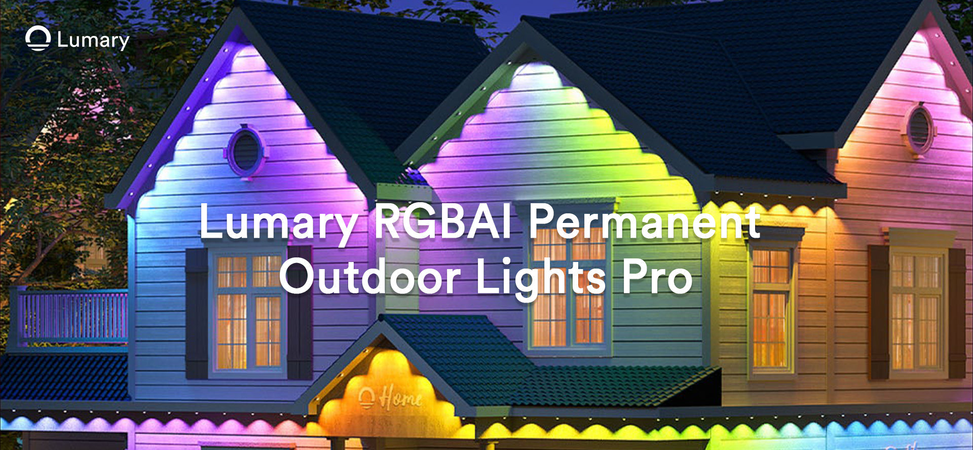 Lumary RGBBAI Permanent Outdoor Lights Pro illuminating a house facade, showcasing vibrant and customizable landscape lighting