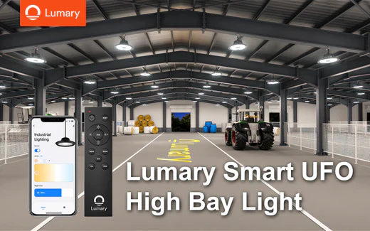 Smart UFO LED High Bay Light in a warehouse setting with remote control and mobile app interface showcasing industrial lighting features