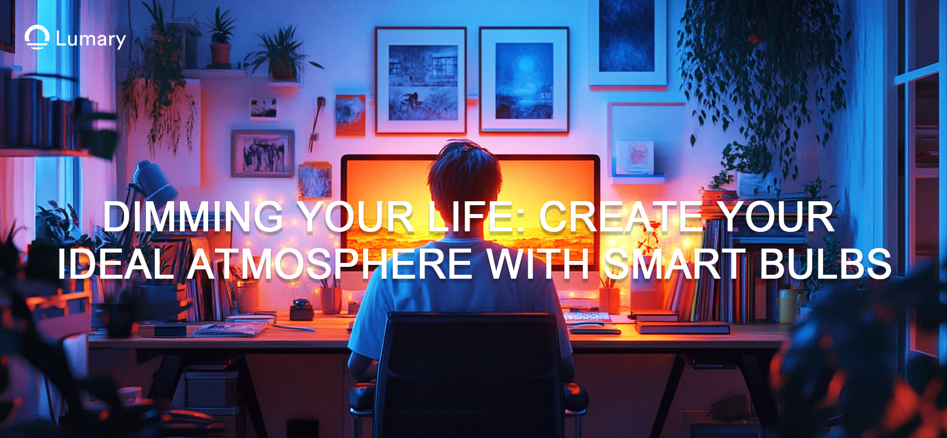 A person works at a desk in a room lit by Lumary smart bulbs