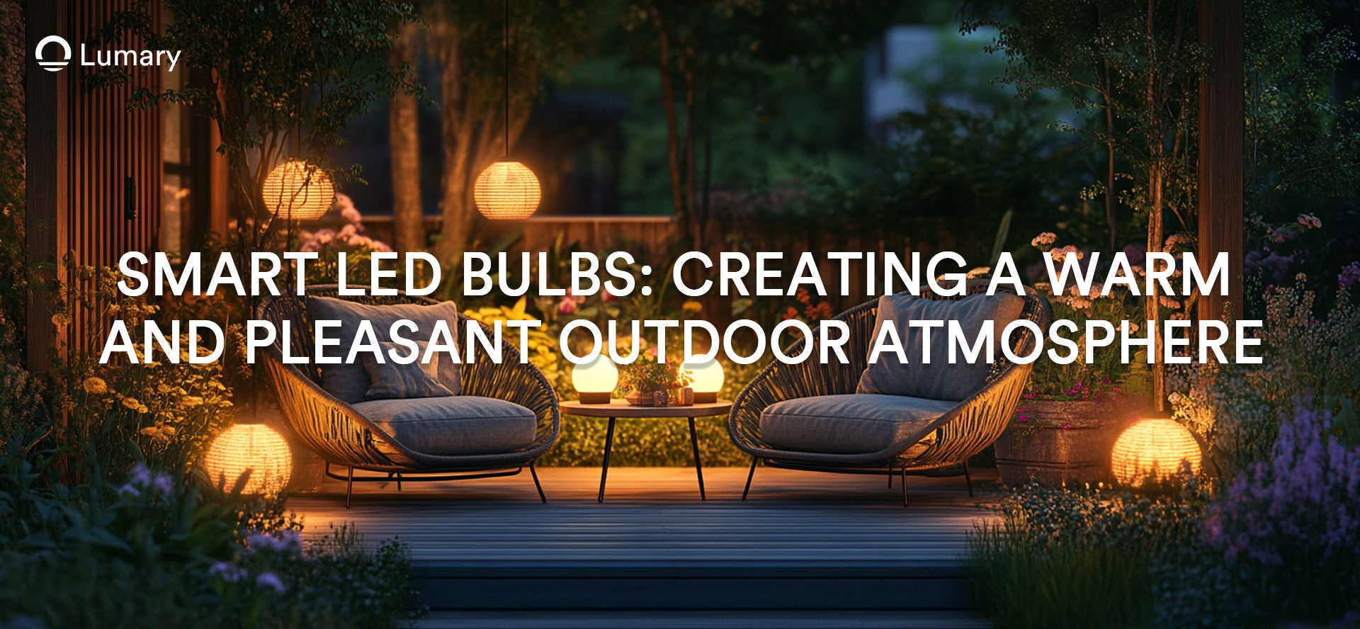 Outdoor patio area with comfortable seating, illuminated by warm, inviting smart LED bulbs, creating a pleasant atmosphere