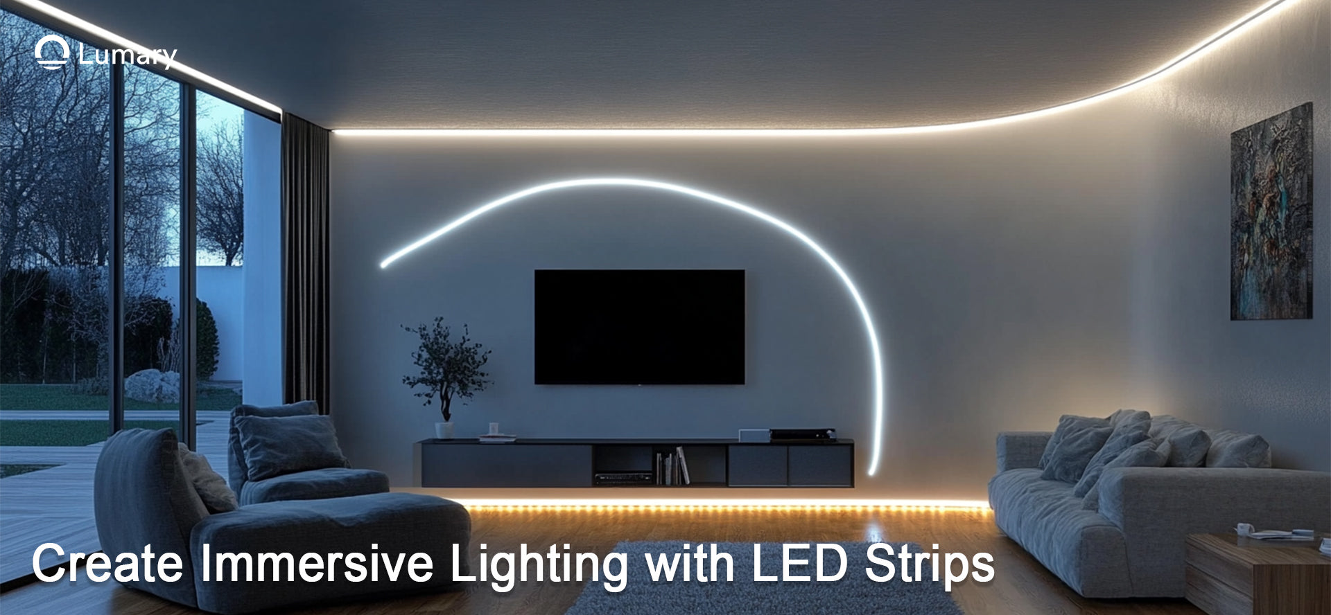 The image demonstrates how strategically placing LED light strips around the TV and throughout the room