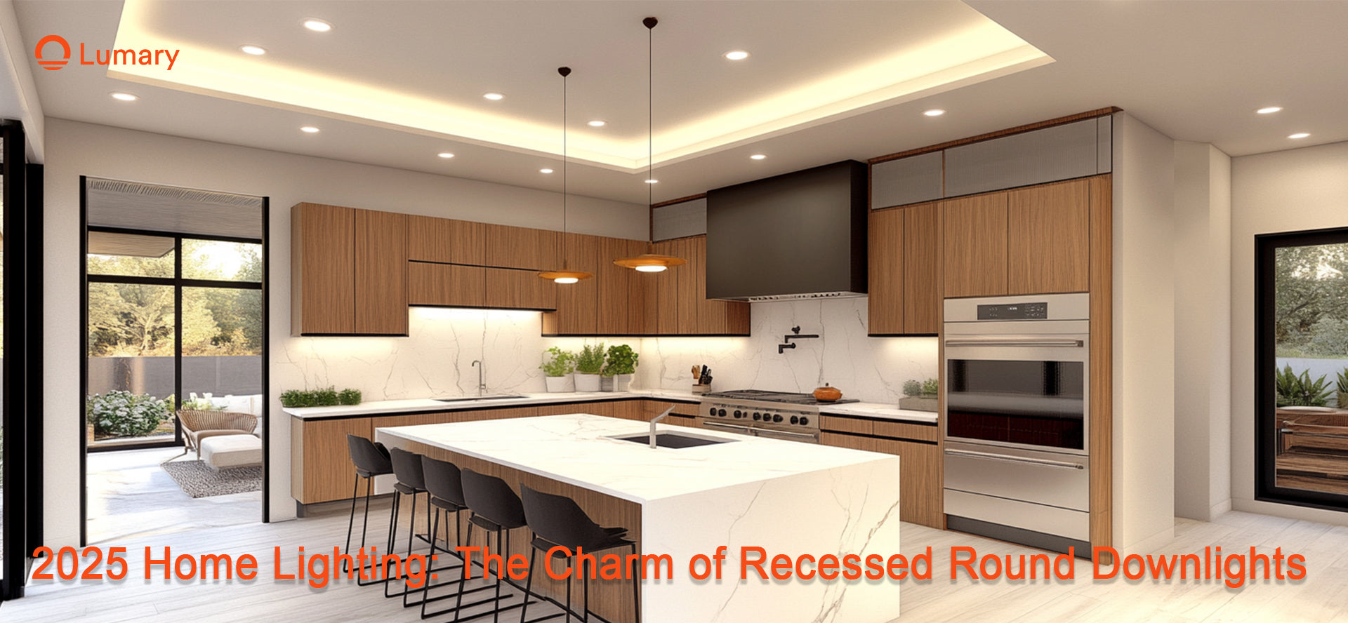 2025 Home Lighting: Recessed round downlights illuminate a modern kitchen, highlighting the clean lines and enhancing the space's overall aesthetic