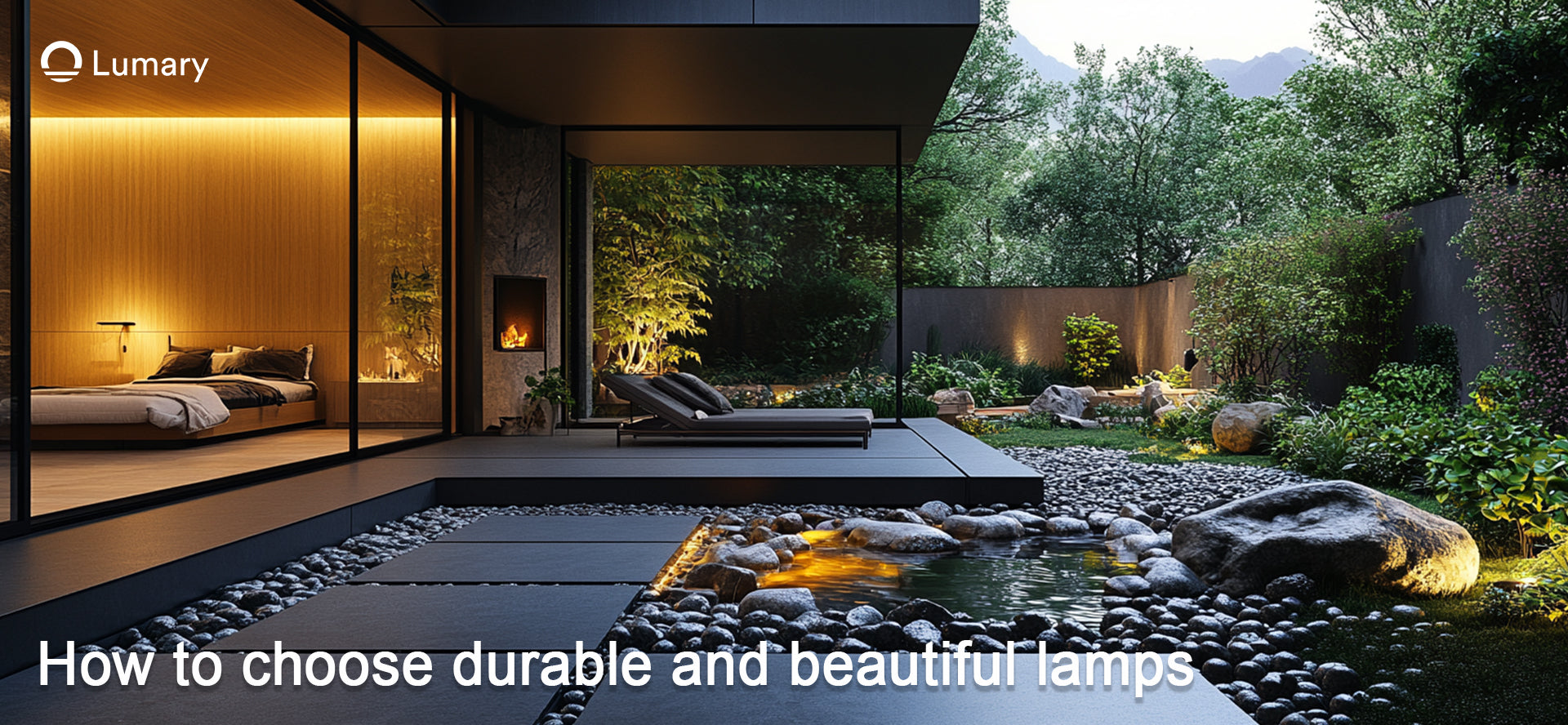 Modern home with beautiful and durable outdoor lighting illuminating the patio, landscaping, and pond, creating a serene and inviting atmosphere