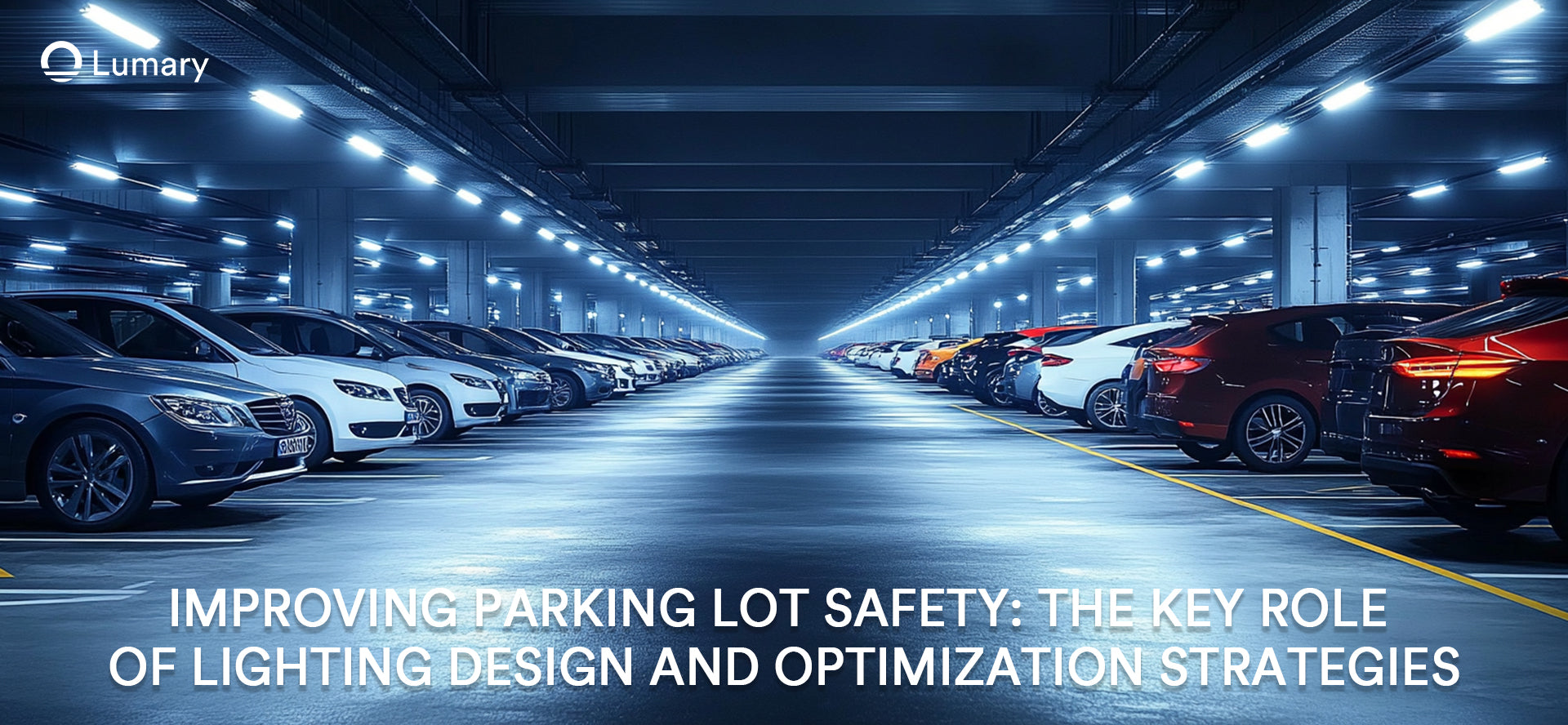 A car is parked in a dimly lit underground parking lot, highlighting the need for smart lighting to enhance safety and energy efficiency.