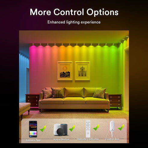 Enhanced control options for Lumary Smart String Down Lights with app, remote, and voice.