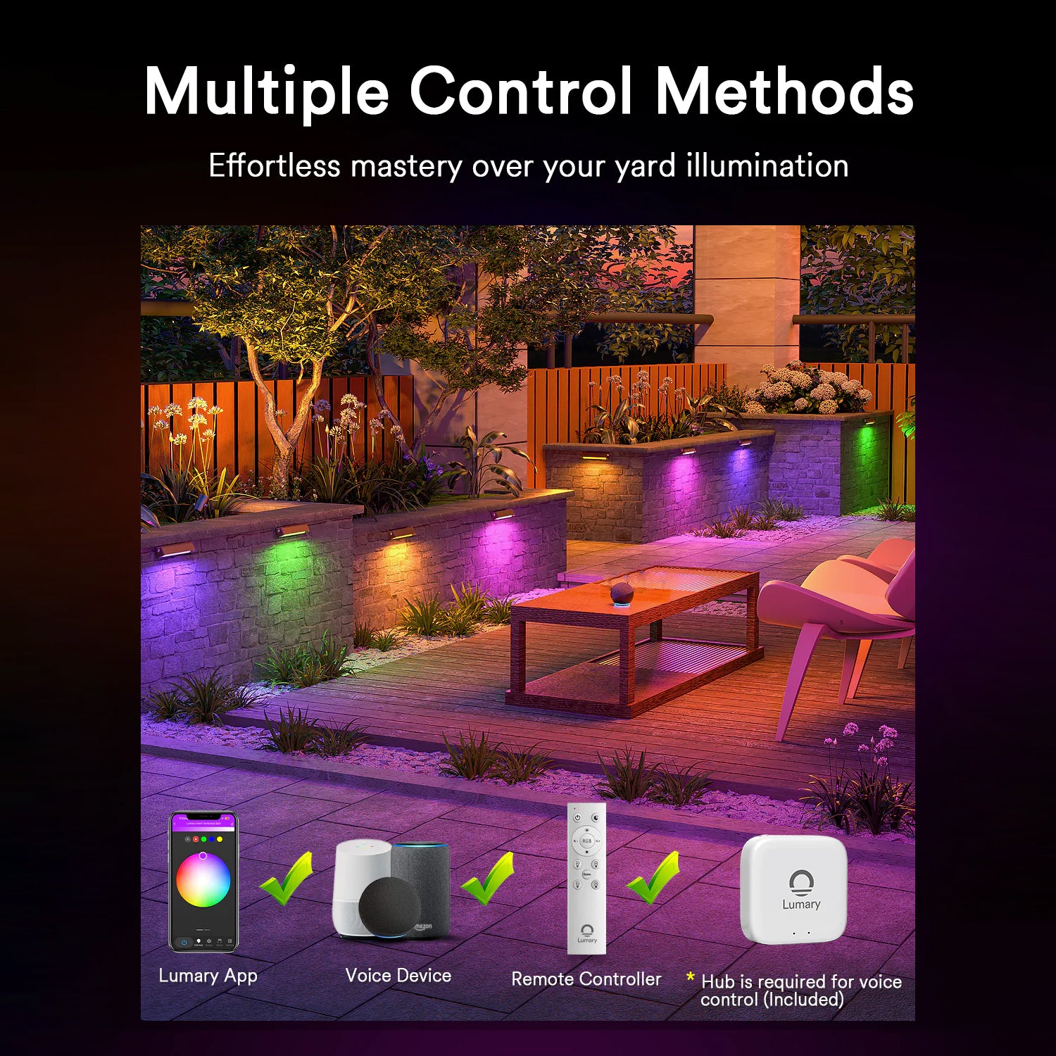 Control Lumary Smart Lights via app, voice, or remote for vibrant outdoor lighting.