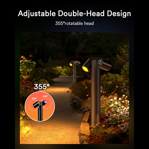 Lumary Pro pathway lights with adjustable 355° heads illuminating a garden path.