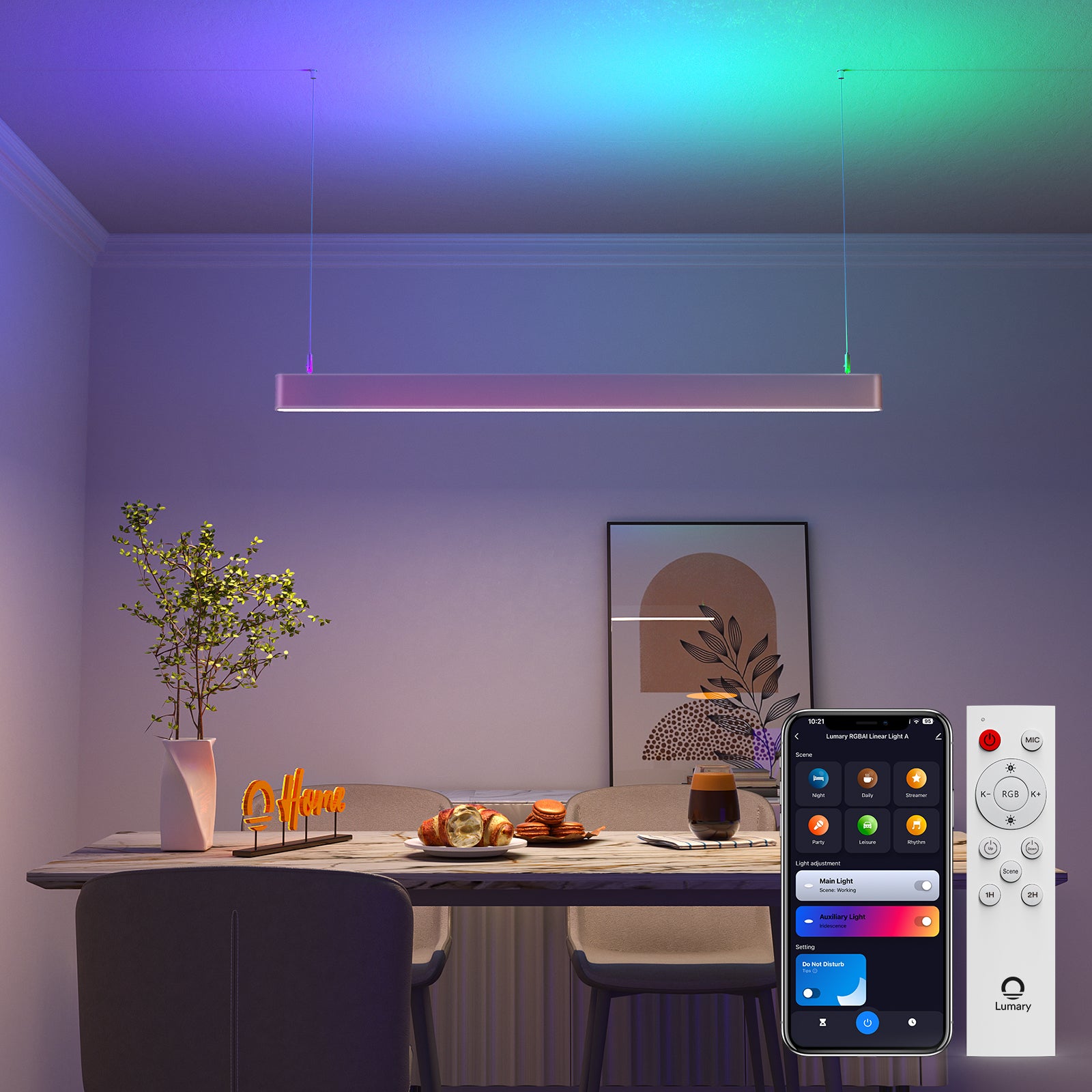 Lumary Smart RGBAI Linear Light in a modern dining room with smart remote