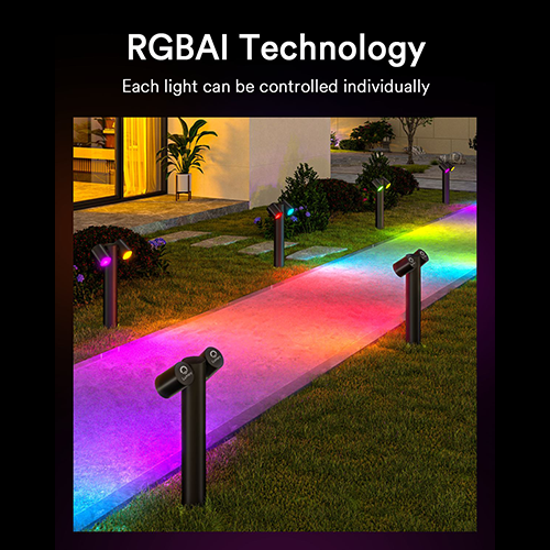 Individually controlled Lumary pathway lights with vibrant RGBAI colors illuminating a garden path.