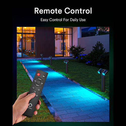 Remote control for Lumary pathway lights illuminating a garden path in blue.