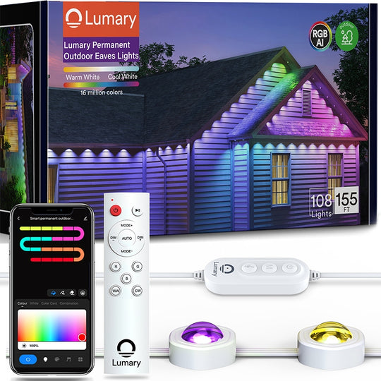 Lumary Eaves Lights package with smartphone app and remote, showcasing colorful outdoor illumination.