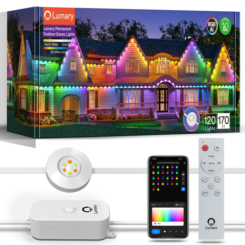 Lumary outdoor eaves lights packaging with remote, app, and colorful house display.