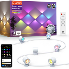 Lumary Smart Wall Sconces with remote and smartphone app, showing RGB colors and lighting design