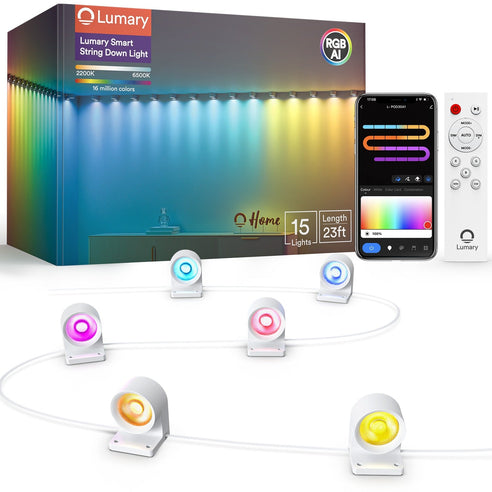 Lumary Smart String Down Lights with remote and app control, showcasing 16 million colors.