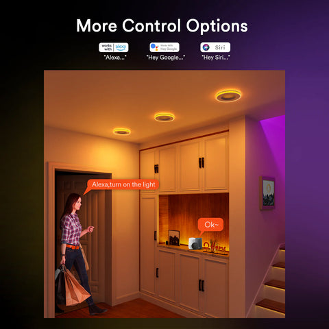 Woman using voice control with Lumary lights in a modern living room.