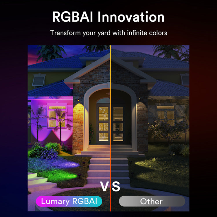 Comparison of Lumary RGBAI lights versus standard outdoor lights showcasing vibrant colors.