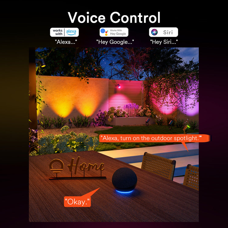 Voice control interface for Lumary smart lights with sunset outdoor scene.