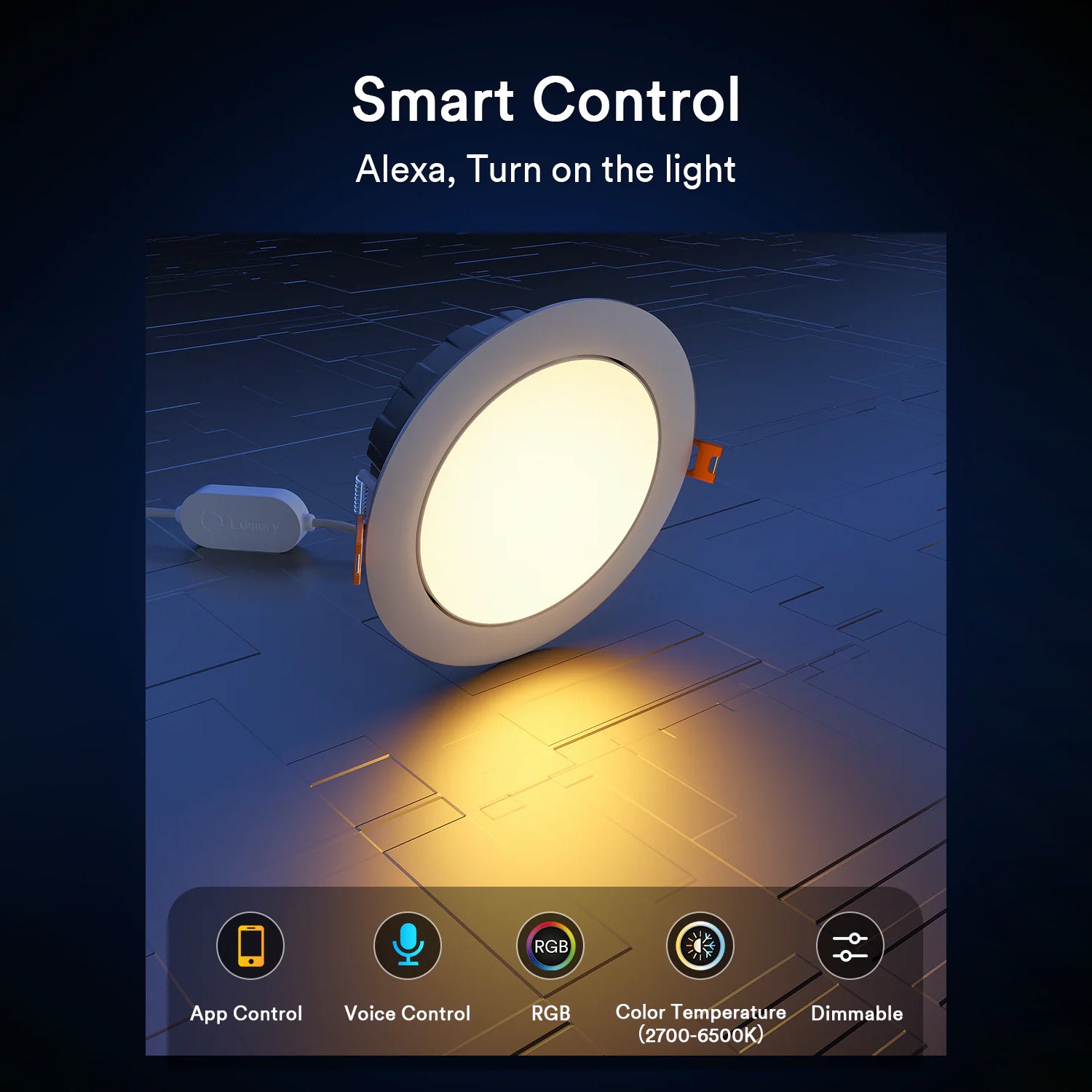 Smart control for Lumary recessed light with app, voice commands, and dimmable RGB settings.