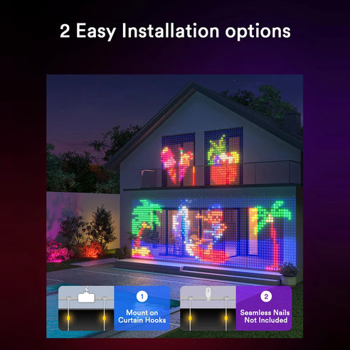 Installation options for Lumary Smart Curtain Lights with hooks and seamless nails