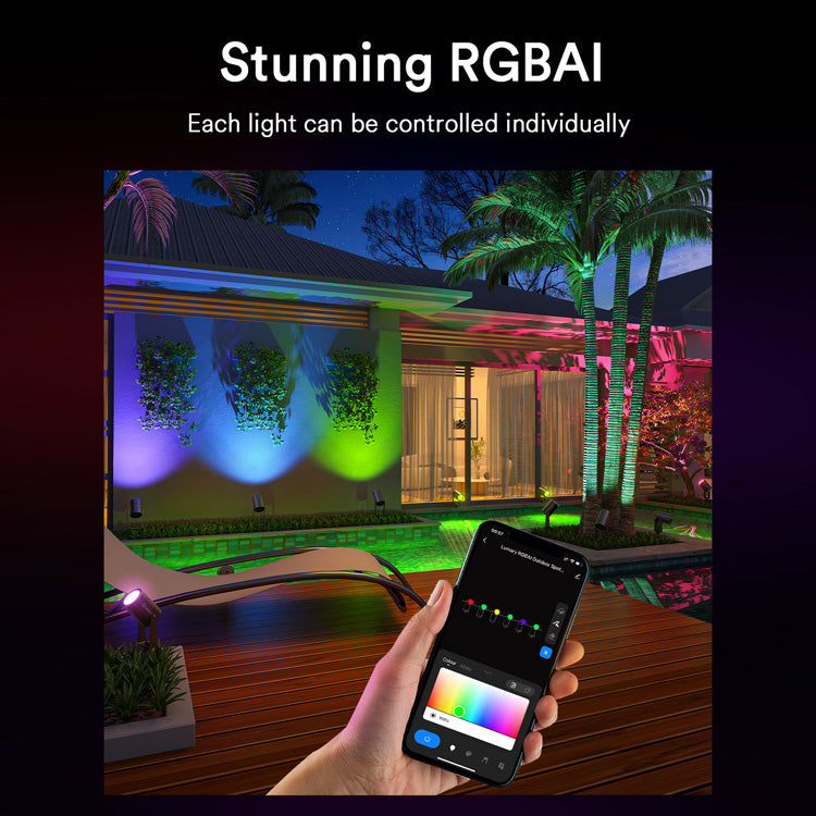 Controlling Lumary outdoor lights with smartphone app, showcasing RGBAI color options.