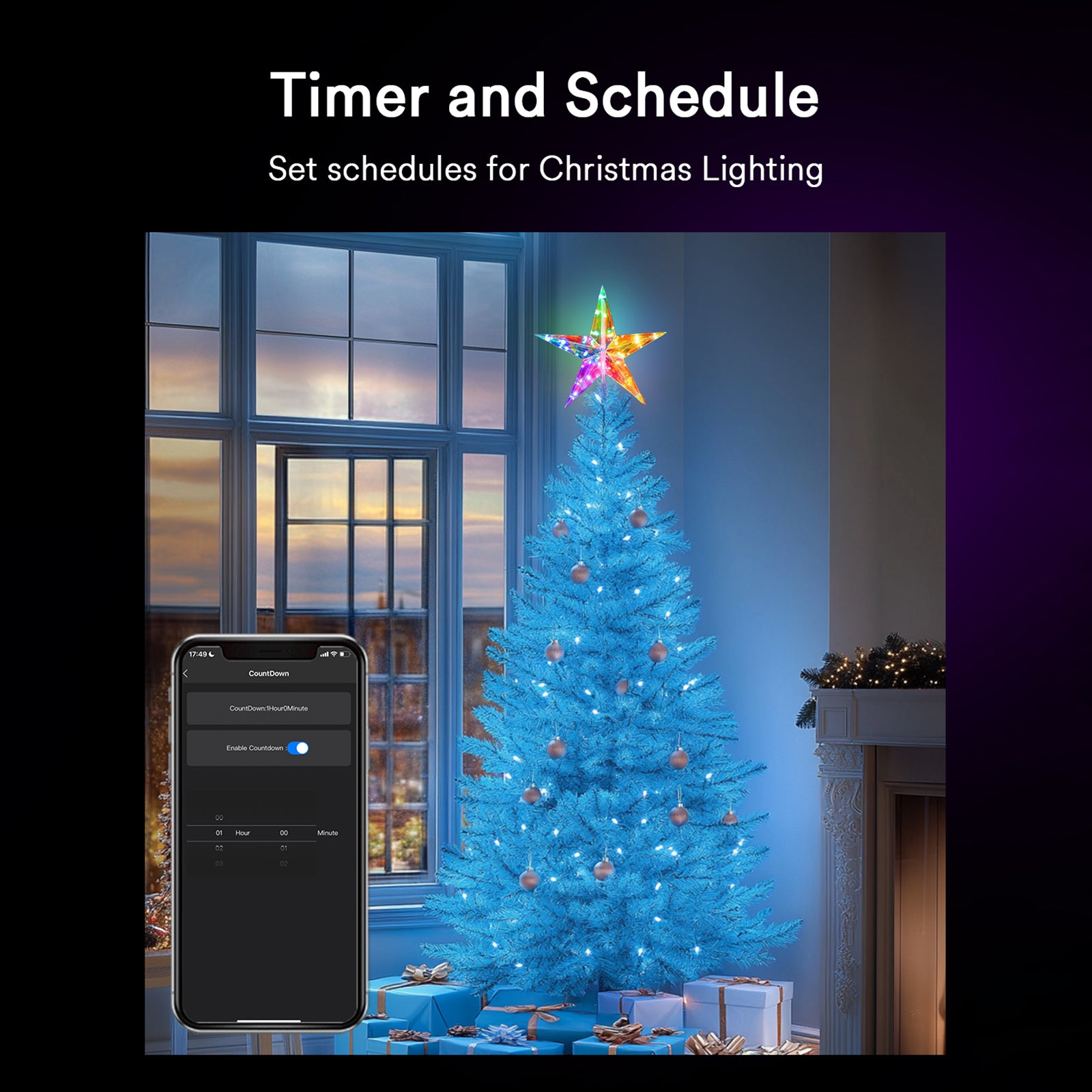 Lumary Christmas tree topper with app showing timer settings beside a blue-decorated tree