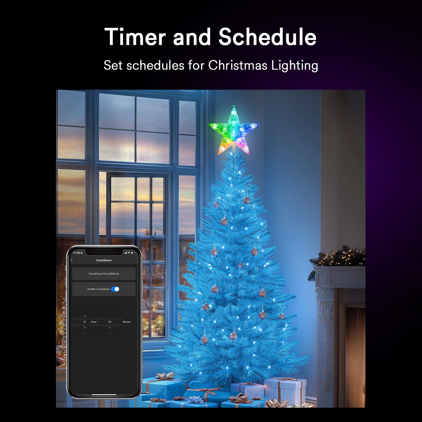 Smart Christmas tree star topper with timer and schedule feature on smartphone app