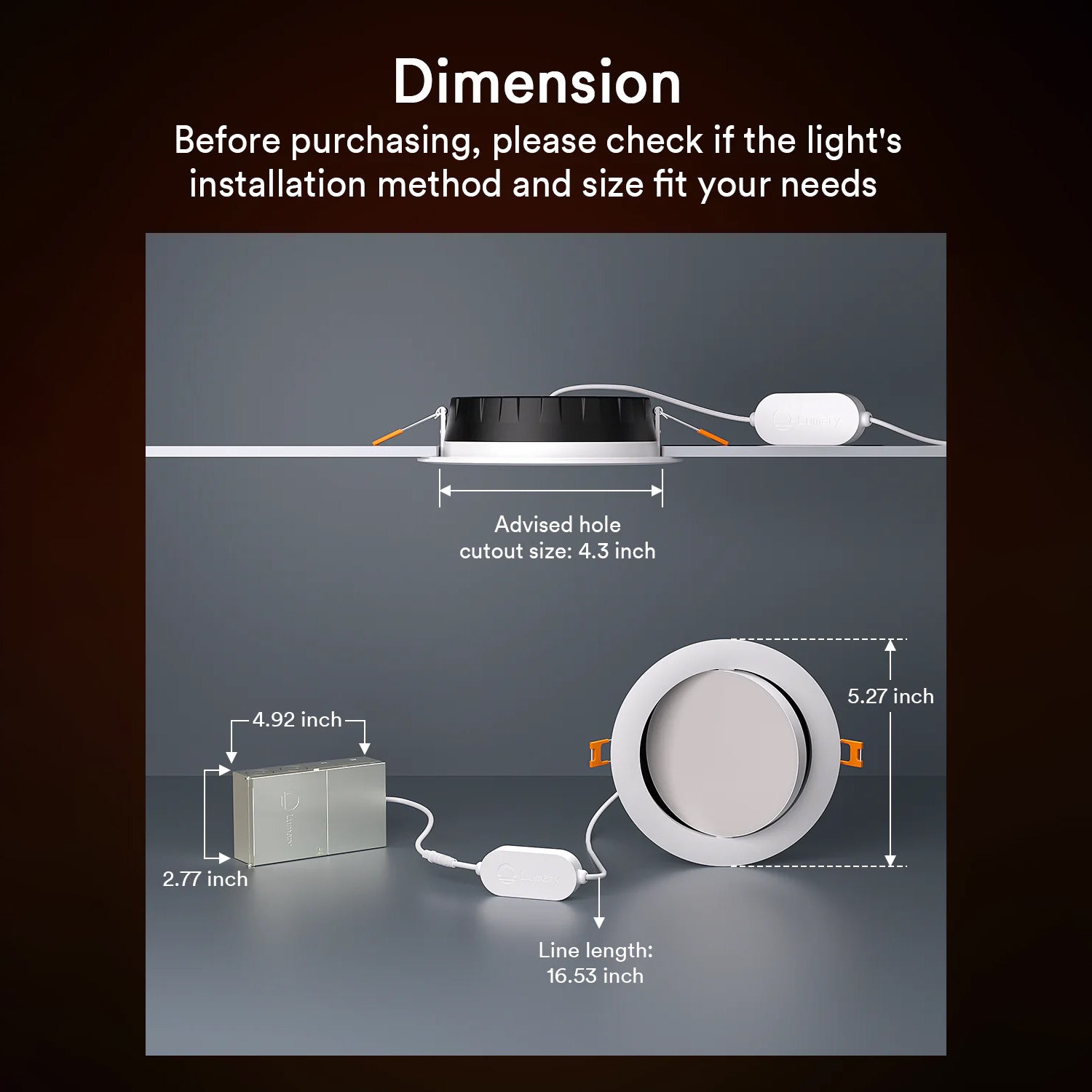 Lumary Smart Gimbal Light dimensions with installation guide and cutout size.