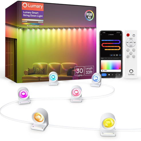 Lumary Smart String Down Lights in packaging with remote and app control interface.