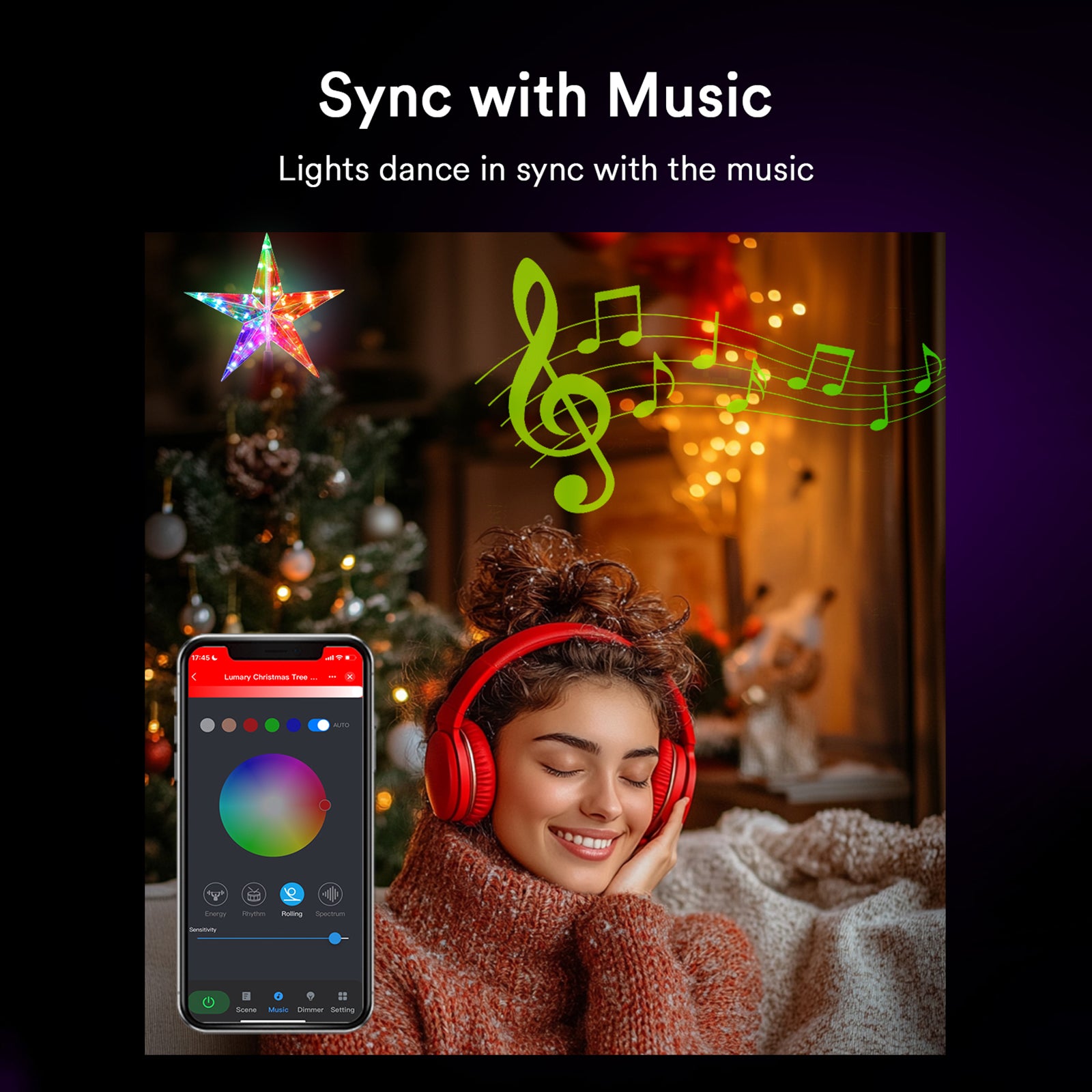 Woman enjoying music with Lumary lights syncing, Christmas tree in background.