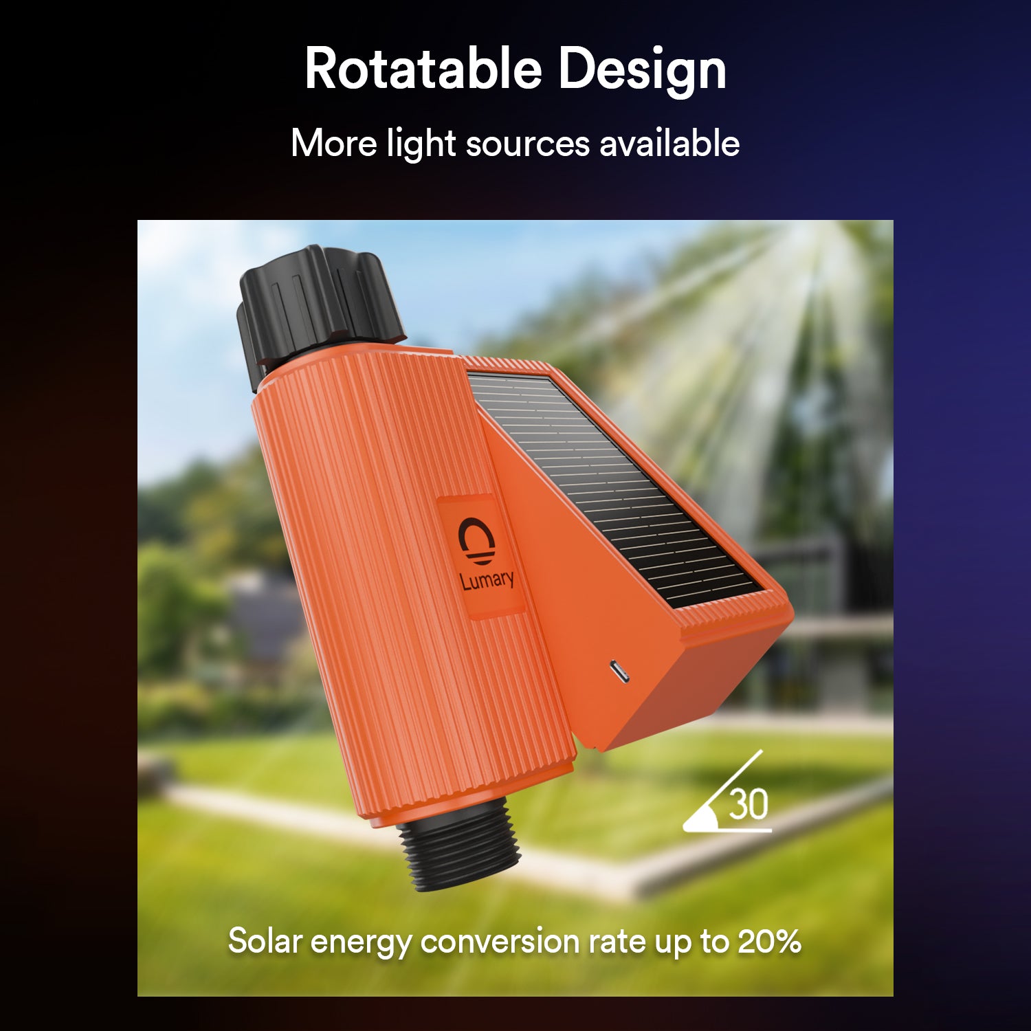 Lumary solar water timer with rotatable solar panel feature for efficient watering.