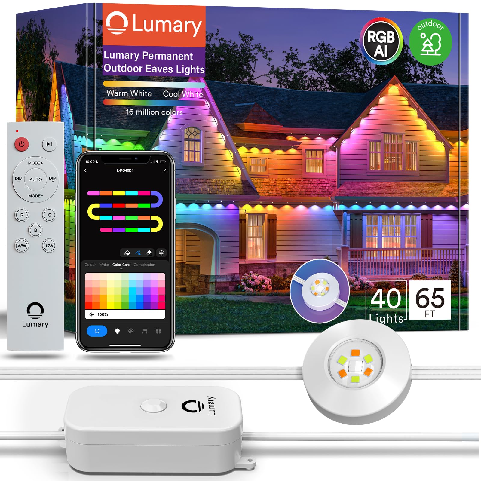 Lumary smart outdoor lights with remote and app control, showcasing colorful home lighting.