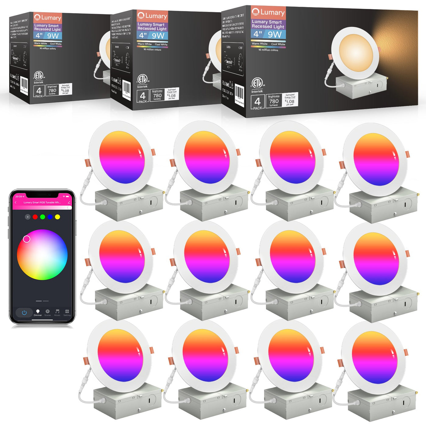 Lumary Wi-Fi Smart Canless Recessed Lighting 4 inch 12PCS