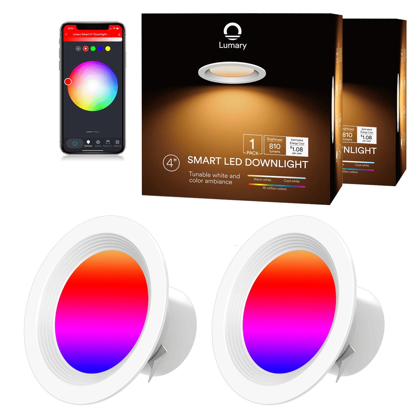 Lumary Smart Wi-Fi Recessed Can Light RGB LED Retrofit Downlight 4 inch 2 PCS