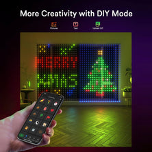 Lumary Smart Curtain Lights displaying Christmas tree and holiday message with remote