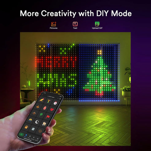 Lumary Smart Curtain Lights displaying Christmas tree and holiday message with remote