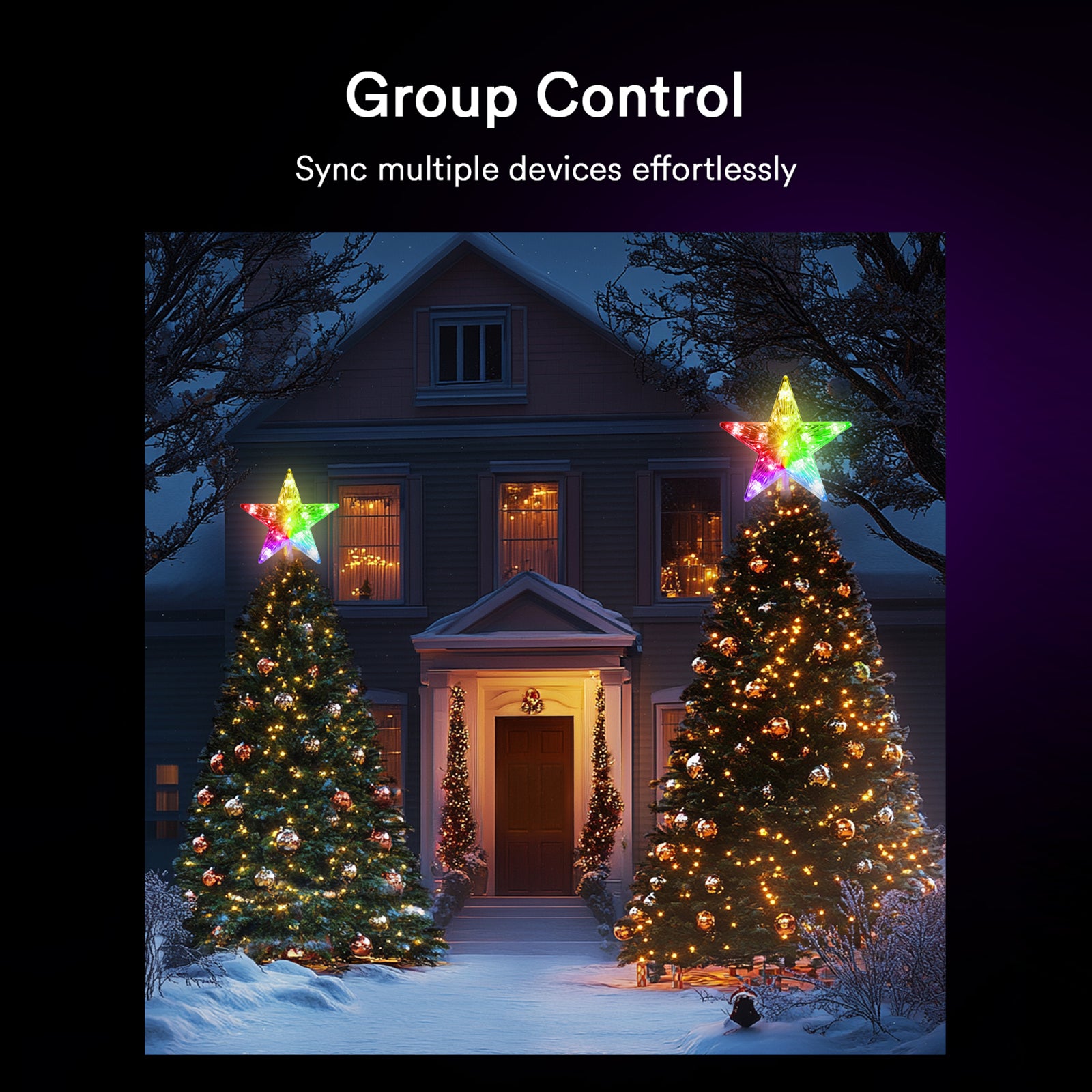 Colorful Christmas trees with Lumary star toppers and group control feature displayed