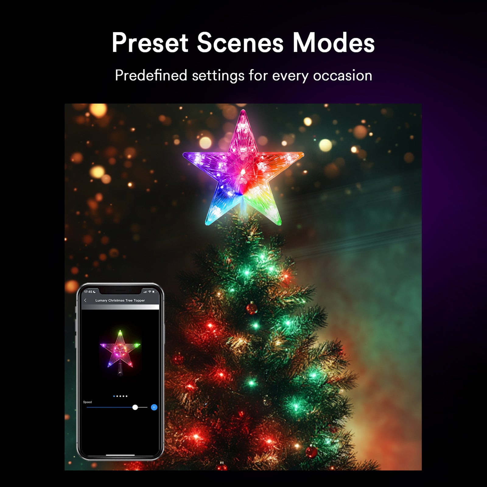 Lumary RGB star tree topper with smartphone remote displaying scene modes