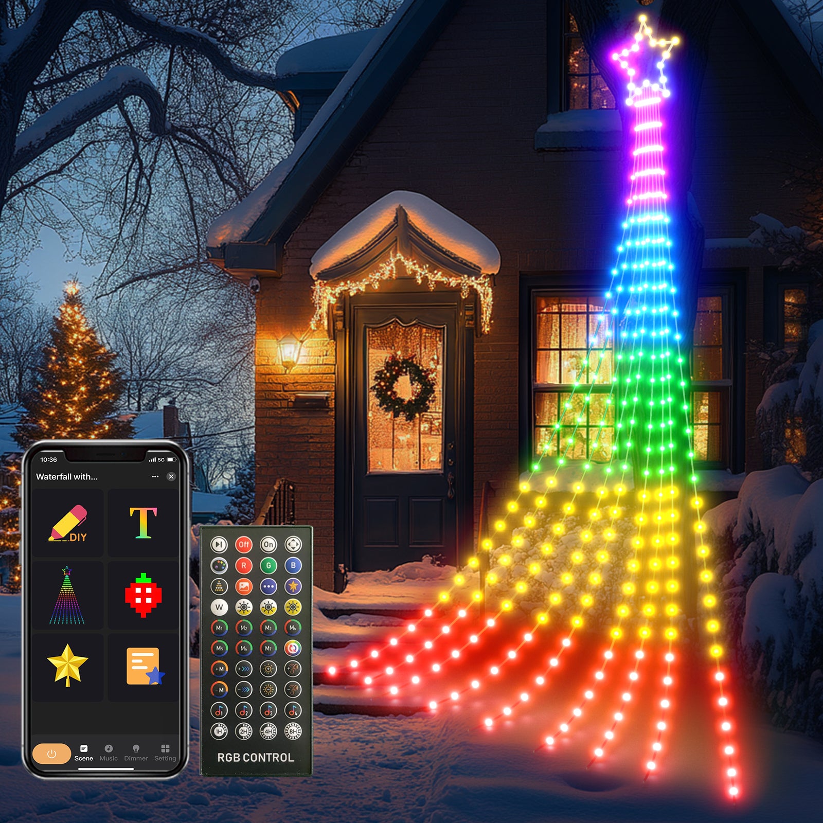 Lumary Smart Waterfall Christmas Tree Lights with Star