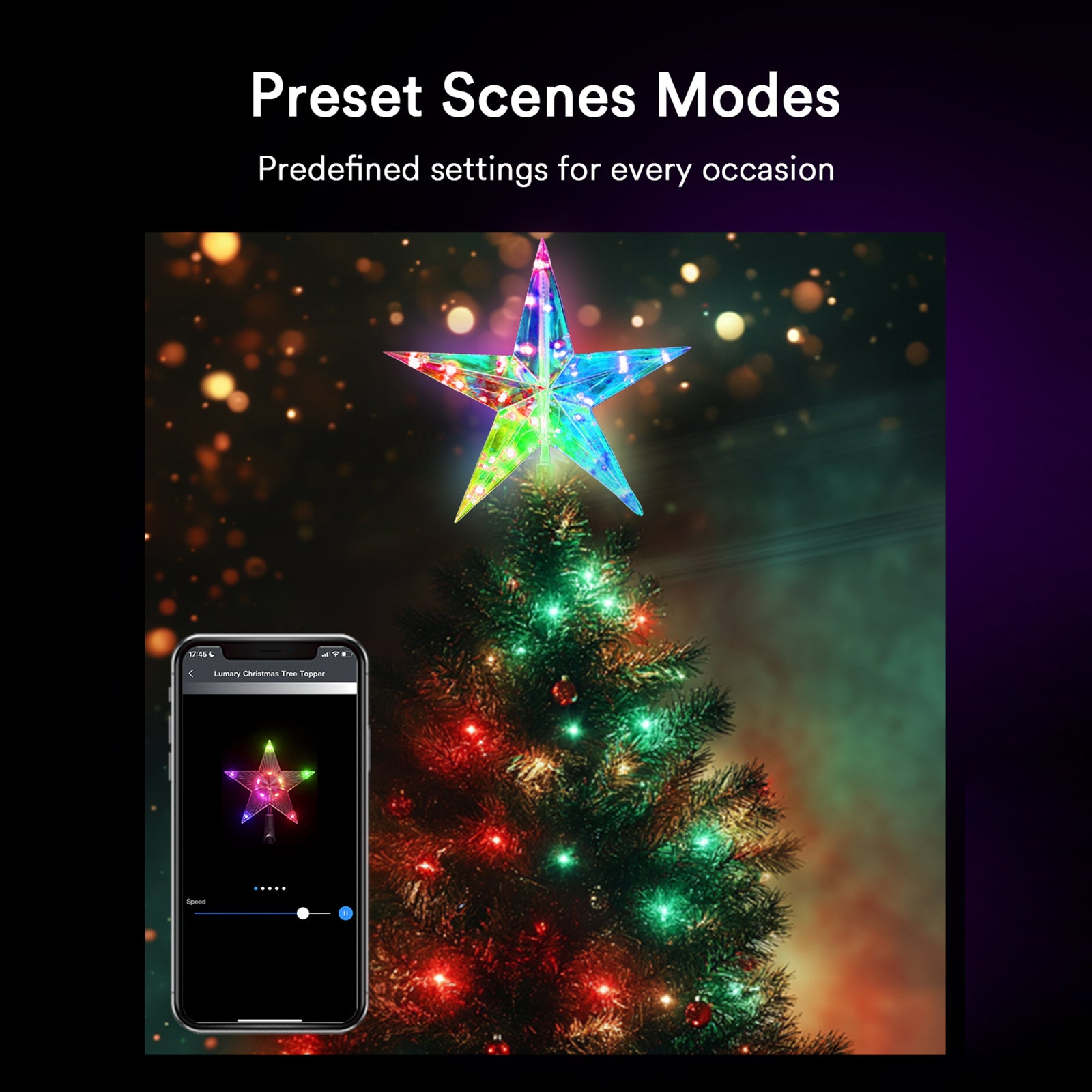 Colorful Lumary star topper on a decorated Christmas tree with app control displayed