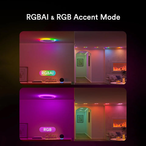 Lumary Smart Recessed Light showcasing RGBAI and RGB accent modes in a modern living room