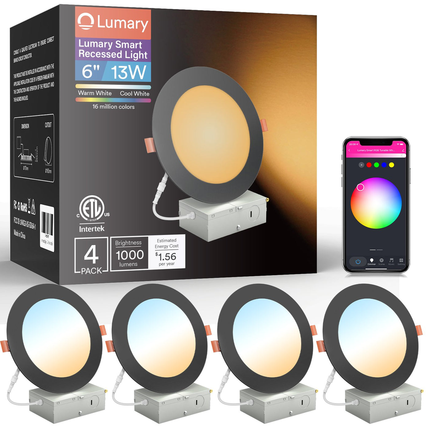 Lumary Wi-Fi Smart Canless Recessed Lighting 6 inch 4 PCS