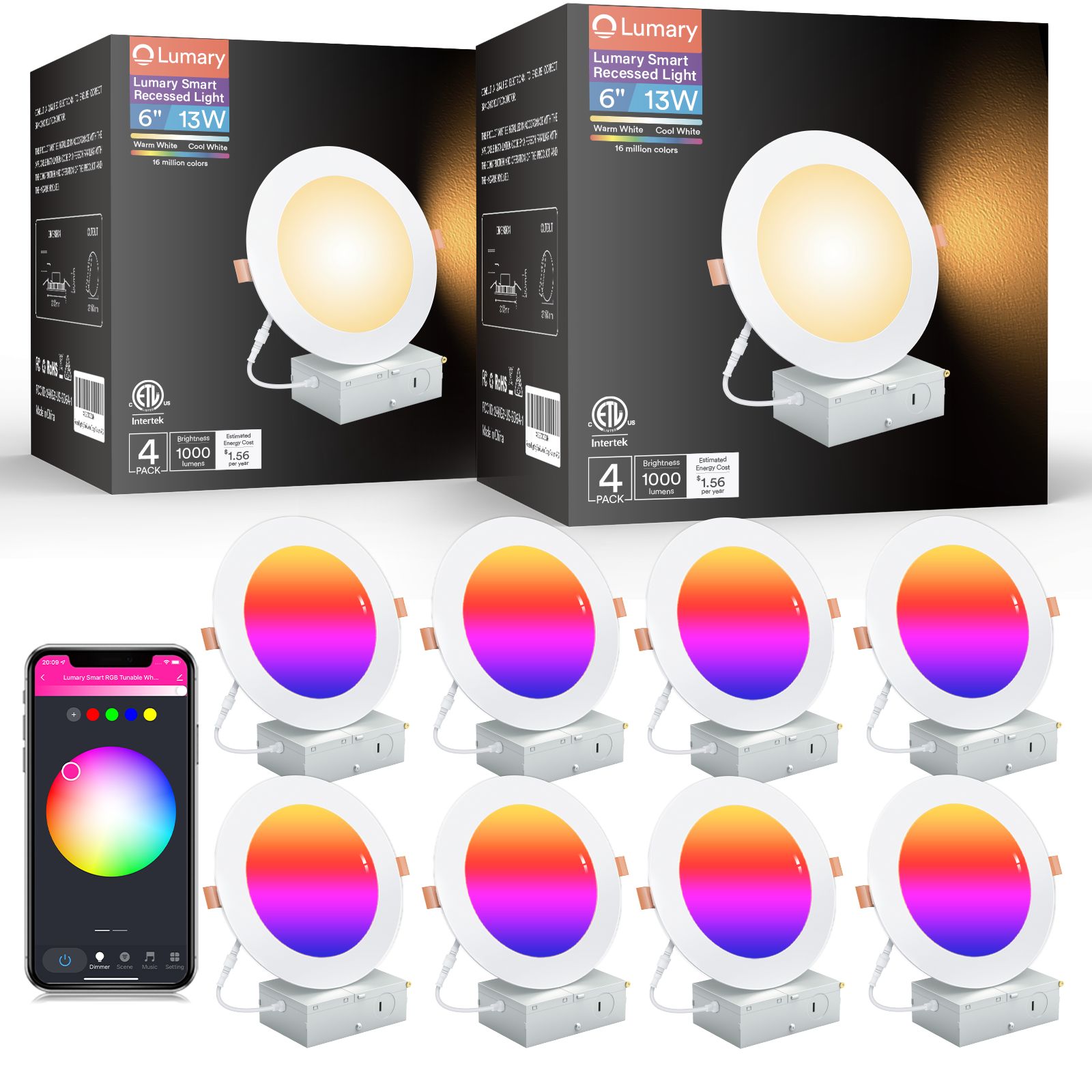 Lumary 6-inch smart recessed lights package with 8 color-changing bulbs and app control.