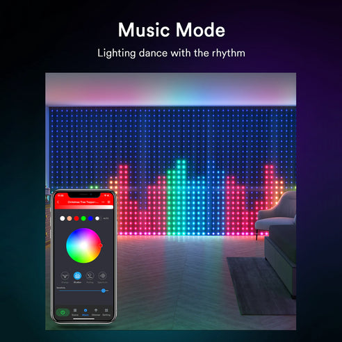 Lumary Smart Curtain Lights in music mode with colorful dynamic display