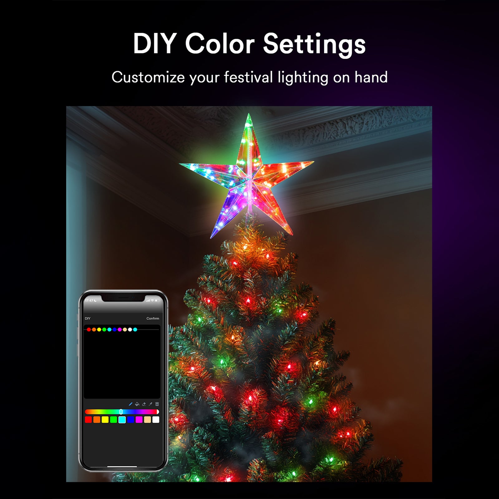 Lumary Christmas tree star topper with colorful lights and smartphone for DIY settings