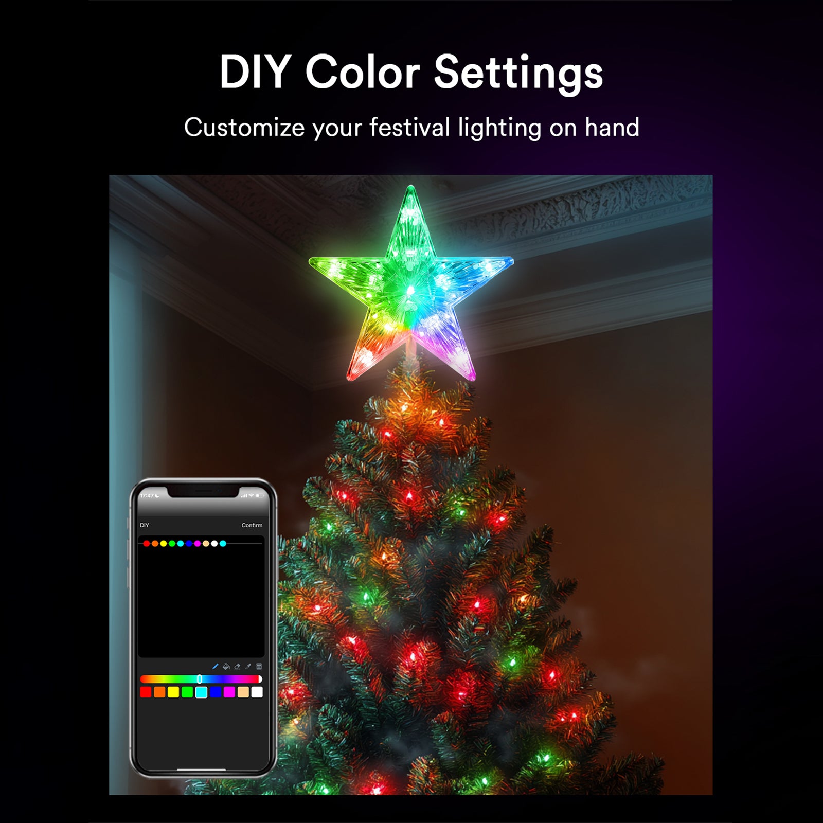 Lumary RGB Christmas tree topper with smartphone showing DIY color settings