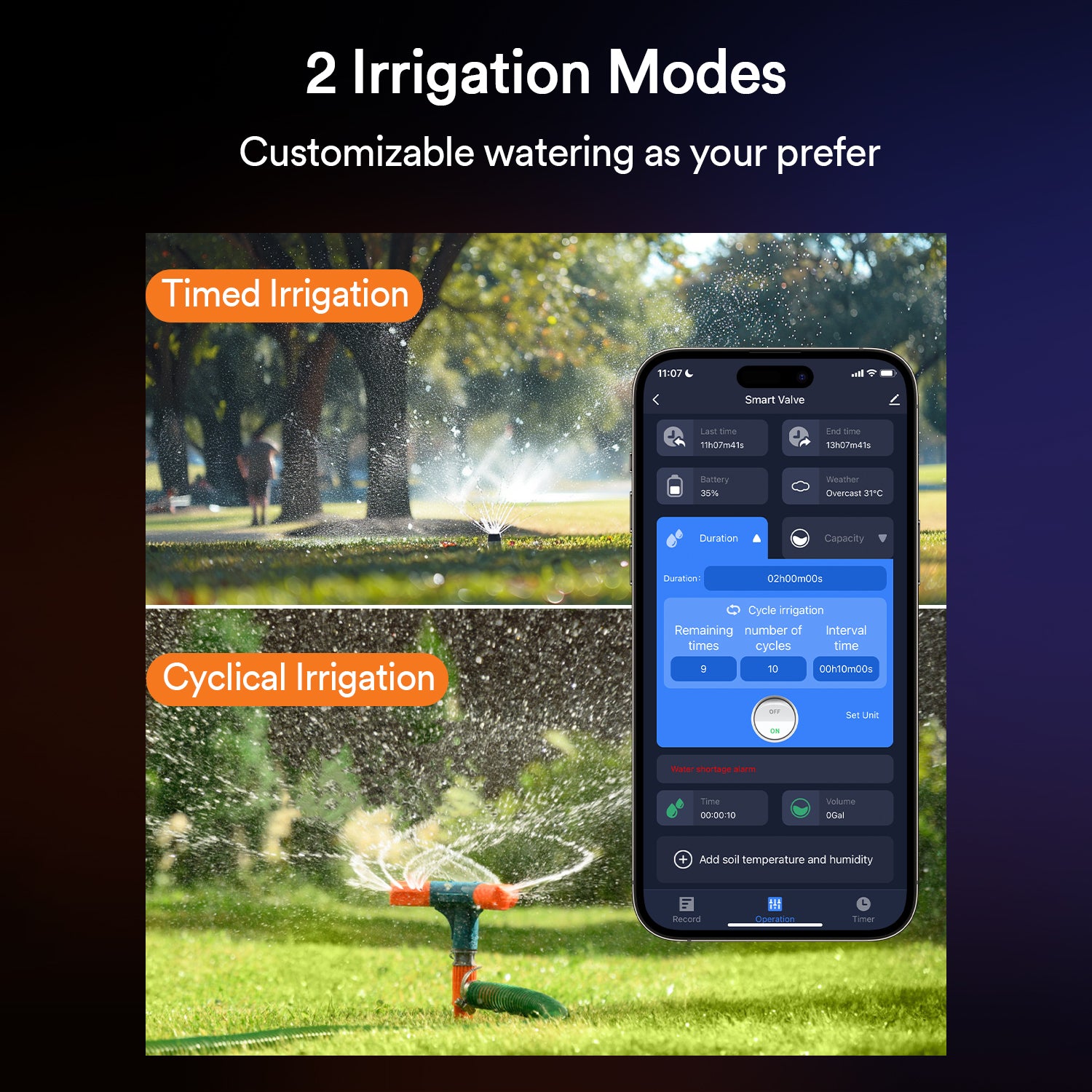 Lumary solar water timer app showing timed and cyclical irrigation modes.