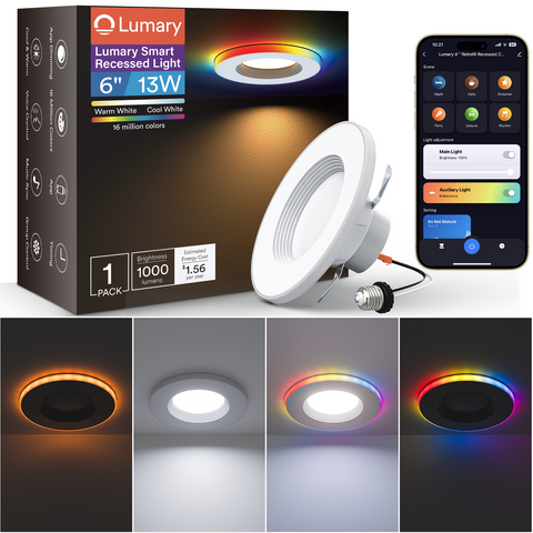 Lumary Smart Recessed Light pack showcasing colors with smartphone app controls.