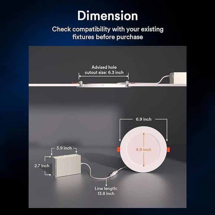 Dimensions of Lumary 6-inch smart recessed light with cutout and fixture compatibility