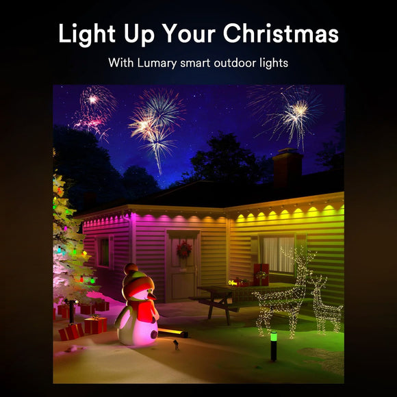 Colorful Lumary outdoor lights illuminating a festive Christmas scene